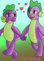 Size: 500x700 | Tagged: safe, artist:kickassking, spike, g4, barb, female, heart, holding hands, love, male, request, rule 63, self ponidox, selfcest, ship:spikebarb, shipping, straight, walking