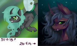 Size: 2000x1187 | Tagged: safe, artist:saoiirse, oc, oc only, changeling, before and after, comparison, draw this again, motivational, smirk