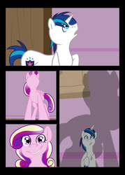 Size: 1500x2100 | Tagged: safe, artist:chubbyjam, princess cadance, shining armor, alicorn, pony, unicorn, g4, a lover's surprise, comic, female, imminent vore, male, mare, micro, ship:shiningcadance, shipping, shrinking, stallion, straight