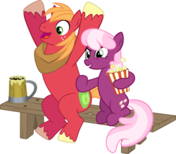 Size: 1940x1710 | Tagged: safe, artist:cheezedoodle96, big macintosh, cheerilee, earth pony, pony, g4, .svg available, bench, cider, female, male, mare, mug, popcorn, ship:cheerimac, shipping, simple background, stallion, straight, svg, tankard, transparent background, vector