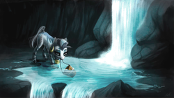 Size: 946x536 | Tagged: safe, artist:locksto, zecora, zebra, g4, bucket, female, solo, water, waterfall