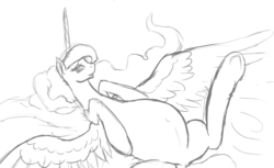 Size: 1559x955 | Tagged: safe, artist:patch, princess luna, g4, bedroom eyes, belly, female, grin, looking at you, missing accessory, monochrome, on back, pregnant, sketch, smiling, solo, spread legs, spread wings, underhoof