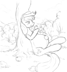 Size: 1265x1355 | Tagged: safe, artist:patch, applejack, earth pony, pony, g4, apple, belly, belly button, eating, female, hat, licking lips, lineart, mare, monochrome, preggo jack, pregnant, sitting, sketch, smiling, solo, sweet apple acres, tongue out, tree, under the tree