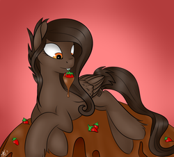 Size: 1024x924 | Tagged: safe, artist:fairdahlia, oc, oc only, pegasus, pony, chocolate, chocolate sauce, chocolate-covered strawberry, food, mouth hold, sitting, solo, strawberry