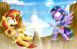 Size: 1224x792 | Tagged: safe, artist:berrypawnch, sunset shimmer, twilight sparkle, alicorn, pony, unicorn, angry, beam, beam struggle, commission, crossover, derp, dragon ball, dragon ball z, duo, evil, faic, fight, flying, lightning, lol, magic, mountain, open mouth, parody, saiyan armor, son goku, super saiyan princess, twilight sparkle (alicorn), vegeta