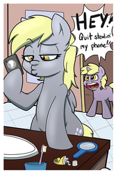 Size: 1280x1920 | Tagged: safe, artist:strangerdanger, derpy hooves, dinky hooves, pony, g4, annoyed, bathroom, bipedal, bipedal leaning, cellphone, duckface, duo, faic, pear, selfie, speech bubble, talking, yelling