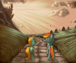 Size: 1200x1000 | Tagged: safe, artist:drawerproyeah, lightning dust, rainbow dash, g4, canterlot, cloud, cloudy, duo, happy, park, ponyville, sky, smiling, trail, walking