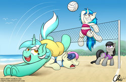 Size: 900x582 | Tagged: safe, artist:nekocrispy, bon bon, dj pon-3, lyra heartstrings, octavia melody, sweetie drops, vinyl scratch, earth pony, pony, unicorn, g4, beach, bikini, clothes, female, grin, mare, ocean, one-piece swimsuit, smiling, swimsuit, underhoof, volleyball