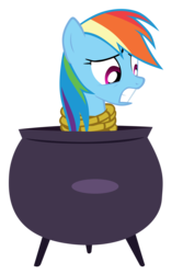 Size: 3342x5000 | Tagged: safe, artist:tardifice, rainbow dash, pony, g4, bondage, caught, cauldron, female, person as food, rope, simple background, solo, tied up, transparent background, vector
