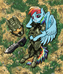 Size: 1200x1400 | Tagged: safe, artist:pwnyville, rainbow dash, g4, armor, crossover, female, gun, halo (series), solo