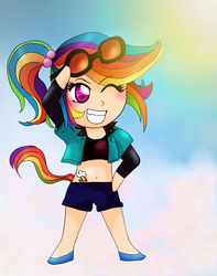 Size: 2362x2999 | Tagged: safe, artist:smikimimi, rainbow dash, human, g4, anime style, belly button, chibi, clothes, day, female, high res, humanized, midriff, one eye closed, ponytail, shorts, sky, smiling, solo, sunglasses, tailed humanization