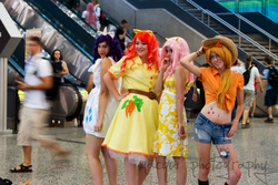 Size: 2048x1365 | Tagged: safe, artist:smikimimi, applejack, carrot top, fluttershy, golden harvest, rarity, human, g4, belly button, cosplay, irl, irl human, midriff, photo