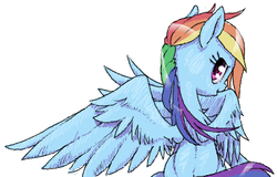 Size: 394x252 | Tagged: safe, artist:stoic5, rainbow dash, pegasus, pony, g4, back, female, flockdraw, looking at you, lowres, mare, preening, simple background, smiling, solo, spread wings, white background