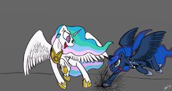 Size: 1366x728 | Tagged: safe, artist:xxmarkingxx, princess celestia, princess luna, alicorn, pony, g4, open mouth, raised hoof, royal sisters, sisters, stomping