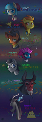 Size: 864x2519 | Tagged: dead source, safe, artist:yuji8sushi, cheese sandwich, coco pommel, discord, lord tirek, seabreeze, silver shill, spitfire, breezie, centaur, draconequus, earth pony, pegasus, pony, taur, g4, it ain't easy being breezies, leap of faith, pinkie pride, rainbow falls, rarity takes manehattan, twilight's kingdom, bust, female, key six, male, scorpan's necklace, seven deadly sins, seven heavenly virtues, sin of envy, sin of gluttony, sin of greed, sin of lust, sin of pride, sin of sloth, sin of wrath