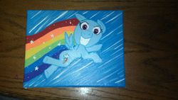 Size: 652x368 | Tagged: safe, artist:13-kira-13, rainbow dash, g4, the cutie mark chronicles, female, filly, filly rainbow dash, flying, painting, scene interpretation, solo, traditional art