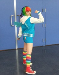 Size: 1014x1278 | Tagged: safe, artist:dokipanic, rainbow dash, human, g4, clothes, cosplay, irl, irl human, photo, rainbow socks, socks, striped socks