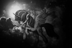 Size: 3888x2592 | Tagged: safe, artist:anemonepetal, twilight sparkle, alicorn, pony, g4, eyes closed, female, flying, grayscale, high res, mare, monochrome, solo, twilight sparkle (alicorn)