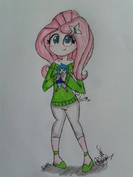 Size: 720x960 | Tagged: safe, artist:mordecaifand, fluttershy, human, g4, clothes, female, humanized, plushie, solo, sweatershy, traditional art