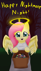 Size: 800x1366 | Tagged: safe, artist:coldsolstice, fluttershy, angel, pony, g4, bipedal, candy, clothes, costume, cute, female, fluttershy the angel, nightmare night, shyabetes, solo