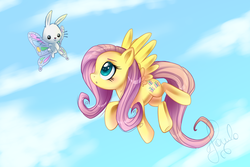 Size: 1500x1000 | Tagged: safe, artist:anthocat, angel bunny, fluttershy, g4, flying, wings