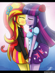 Size: 823x1086 | Tagged: safe, artist:the-butch-x, sunset shimmer, twilight sparkle, human, equestria girls, g4, cute, duo, ear piercing, earring, eyes closed, female, flower in hair, holding hands, jewelry, kiss on the lips, kissing, lesbian, piercing, shimmerbetes, ship:sunsetsparkle, shipping, twiabetes