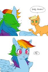 Size: 1000x1500 | Tagged: safe, artist:xarakayx, applejack, rainbow dash, g4, alternate hairstyle, blushing, comic, dialogue, female, lesbian, no pupils, pixie cut, ship:appledash, shipping, short hair