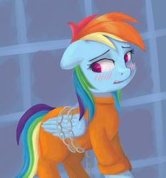 Size: 1186x1272 | Tagged: safe, artist:st-el, rainbow dash, g4, blushing, chains, clothes, female, prison outfit, prisoner, prisoner rd, solo