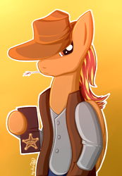 Size: 1024x1479 | Tagged: dead source, safe, artist:dsp2003, oc, oc only, oc:ember spark, pegasus, pony, colt, hat, male, sheriff, solo, straw