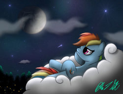 Size: 1024x787 | Tagged: safe, artist:misti1991, rainbow dash, g4, cloud, cloudy, female, moon, night, solo