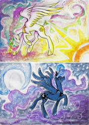 Size: 914x1280 | Tagged: safe, artist:fly-sky-high, princess celestia, princess luna, g4, duality, magic, moon, moon work, sun, sun work, traditional art