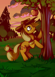 Size: 1860x2629 | Tagged: safe, artist:lexx2dot0, applejack, earth pony, pony, g4, apple, applejack's hat, braid, cottagecore, cowboy hat, female, hat, mare, scenery, smiling, solo, tree, windmill