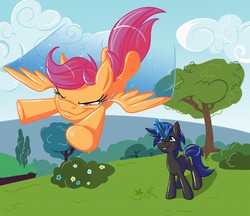 Size: 1280x1106 | Tagged: safe, artist:blackspiritwolf, scootaloo, oc, oc:river rhyme, g4, flying, magic