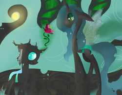 Size: 2000x1567 | Tagged: safe, artist:a-happy-thought, queen chrysalis, changeling, changeling queen, nymph, g4, cute, cutealis, cuteling, duo, female, flower, magic, mommy chrissy