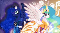 Size: 1920x1080 | Tagged: safe, artist:cartoontiger, artist:mithandir730, princess celestia, princess luna, g4, clothes, dress, flower, gala dress, vector, wallpaper