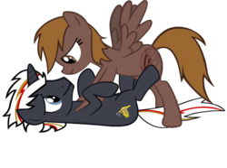 Size: 900x669 | Tagged: safe, artist:slowlearner46, oc, oc only, oc:calamity, oc:velvet remedy, pegasus, pony, unicorn, fallout equestria, bedroom eyes, eye contact, female, male, mare, on back, rule 63, shipping, simple background, smiling, spread wings, stallion, straight, transparent background, vector, velamity, wingboner