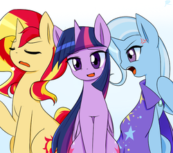 Size: 624x552 | Tagged: safe, artist:ranban, sunset shimmer, trixie, twilight sparkle, alicorn, pony, unicorn, g4, counterparts, magical trio, simple background, trio, twilight sparkle (alicorn), twilight's counterparts