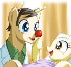 Size: 600x561 | Tagged: safe, artist:uotapo, bed, cancer, clown nose, cute, feels, feels in the comments, happy, legend, open mouth, patch adams, ponified, red nose, rest in peace, robin williams, smiling