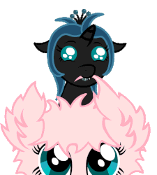 Size: 720x800 | Tagged: safe, artist:bajanic, queen chrysalis, oc, oc:fluffle puff, changeling, changeling queen, nymph, pony, animated, baby, baby chrysalis, chrysalis riding fluffle puff, cute, cutealis, drool, duo, duo female, eye shimmer, fangs, female, filly, filly queen chrysalis, flufflebetes, foal, gif, looking up, nom, ocbetes, pony hat, riding, simple background, smiling, transparent background, younger