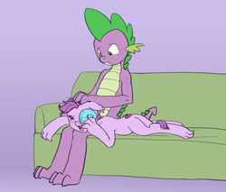Size: 985x840 | Tagged: safe, artist:carnifex, spike, oc, oc:lavender, dracony, hybrid, g4, blushing, comforting, couch, crying, floppy ears, frown, ice, ice pack, interspecies offspring, offspring, older, older spike, parent:rarity, parent:spike, parents:sparity, prone, sad, simple background, story included
