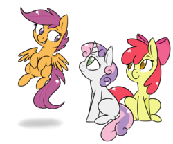 Size: 1024x853 | Tagged: safe, artist:tokipeach, apple bloom, scootaloo, sweetie belle, earth pony, pegasus, pony, unicorn, g4, cutie mark crusaders, female, filly, scootaloo can fly