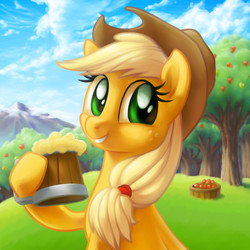 Size: 2600x2600 | Tagged: safe, artist:verulence, applejack, g4, apple, cider, female, high res, smiling, solo