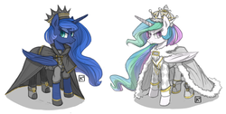 Size: 900x454 | Tagged: safe, artist:radioactive-k, princess celestia, princess luna, alicorn, pony, g4, alternate hairstyle, cape, chess, clothes, crown, duo, frown, king, outfit, smiling, smirk