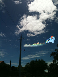 Size: 900x1200 | Tagged: safe, artist:tripp_hammer, rainbow dash, g4, cloud, cloudy, female, flying, live action, rainbow, solo