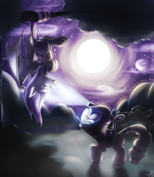 Size: 1116x1280 | Tagged: safe, artist:shydale, fluttershy, rarity, bat pony, pony, g4, duo, flutterbat, hazmat suit, moon, night, prehensile tail, starry night, suspended, tree, upside down