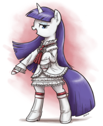 Size: 1042x1280 | Tagged: safe, artist:king-kakapo, rarity, pony, g4, alternate hairstyle, bipedal, boots, clothes, cosplay, crossover, dress, emilie de rochefort, female, frilly dress, lili, scarf, socks, solo, standing, tekken