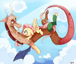 Size: 1024x856 | Tagged: safe, artist:ipun, discord, fluttershy, g4, female, flying, heart, heart eyes, male, ship:discoshy, shipping, straight, wingding eyes