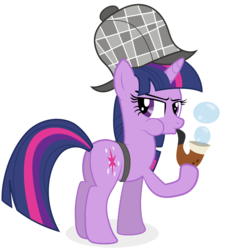 Size: 2000x2222 | Tagged: safe, artist:ahumeniy, twilight sparkle, pony, unicorn, g4, mmmystery on the friendship express, blowing bubbles, bubble pipe, deerstalker, detective, female, hat, mare, pipe, puffy cheeks, sherlock sparkle, simple background, solo, transparent background, unicorn twilight, vector