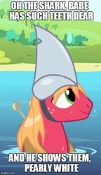 Size: 413x717 | Tagged: safe, big macintosh, earth pony, pony, shark, g4, bobby darin, caption, mack the knife, male, meme, song, song reference, stallion, water