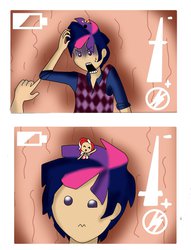 Size: 1024x1338 | Tagged: safe, artist:1231redflame, twilight sparkle, oc, oc:peppermint pattie, human, g4, clothes, dusk shine, hair, humanized, inside stomach, internal, micro, rule 63, scratching, small, tiny